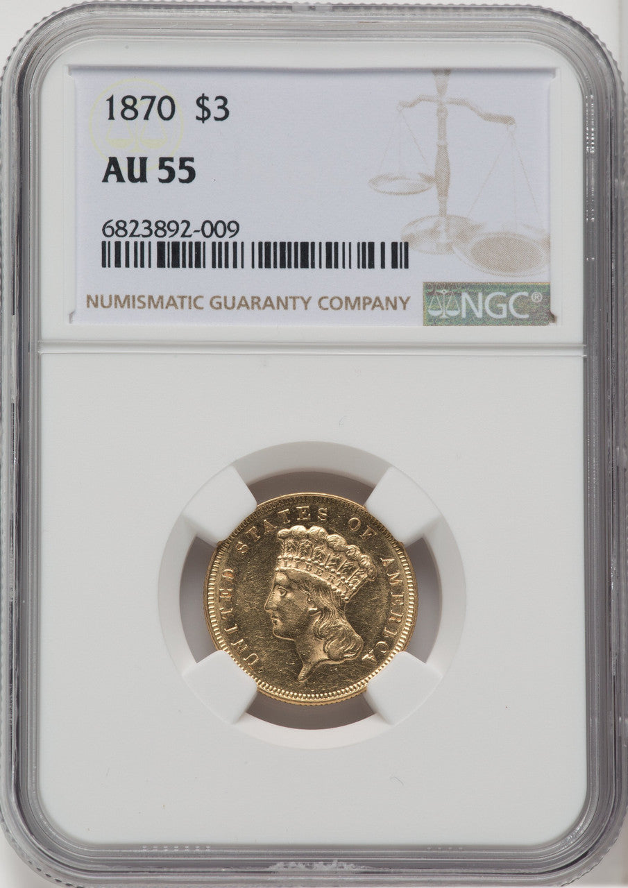 1870 $3 Three Dollar Gold Pieces NGC AU55
