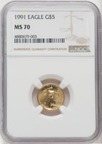 1991 $5 Tenth-Ounce Gold Eagle Brown Label NGC MS70
