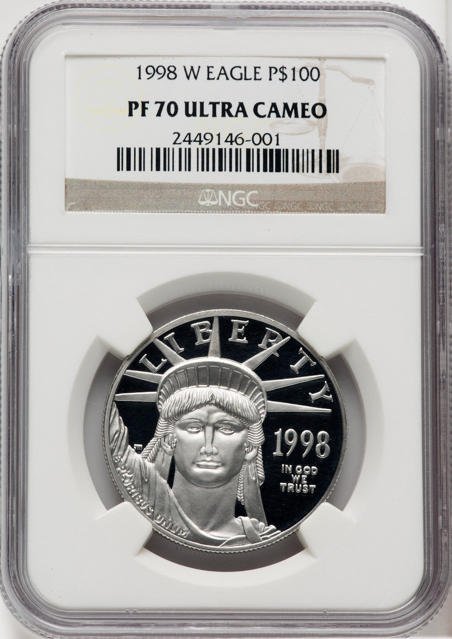 1998-W $100 One-Ounce Platinum Eagle Statue of Liberty Brown Label NGC PF70