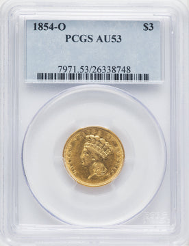 1854-O $3 Three Dollar Gold Pieces PCGS AU53