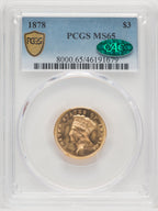 1878 $3 CAC Three Dollar Gold Pieces PCGS MS65