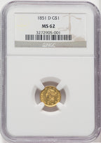 1851-D G$1 Gold Dollar NGC MS62