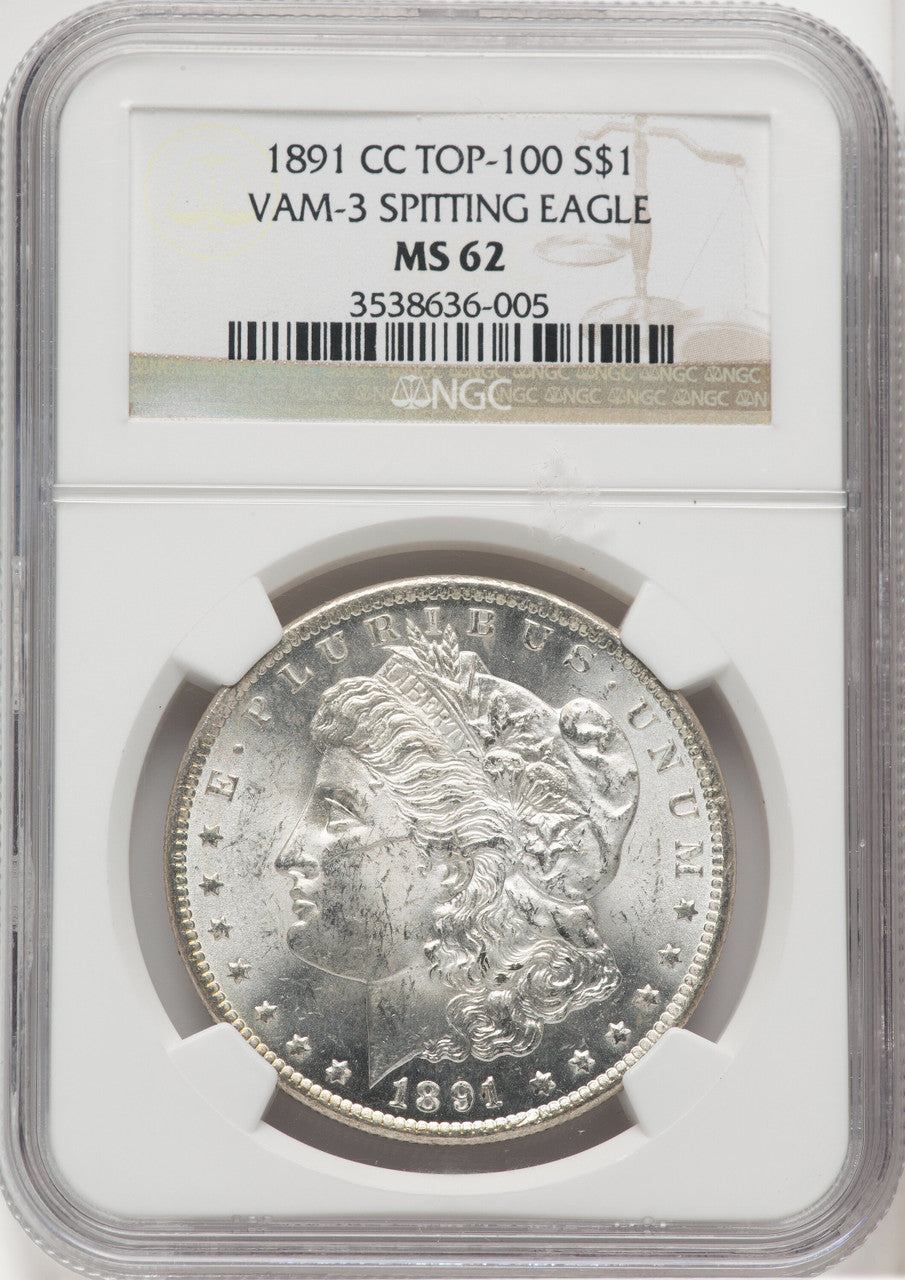 1891-CC $1 VAM-3 Spitting Eagle Morgan Dollar NGC MS62 (765434017)