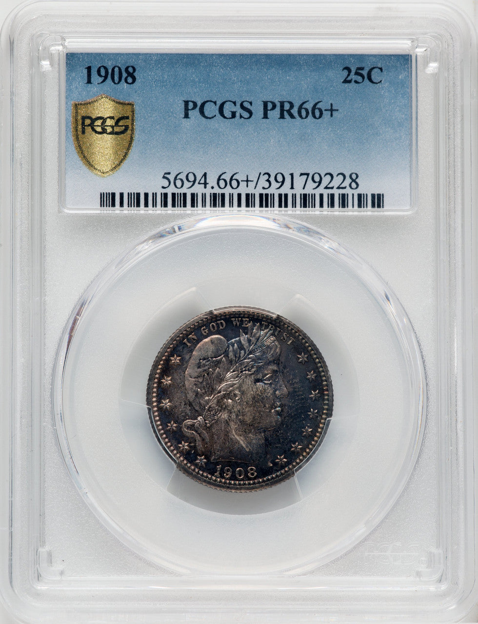 1908 25C Proof Barber Quarter PCGS PR66+