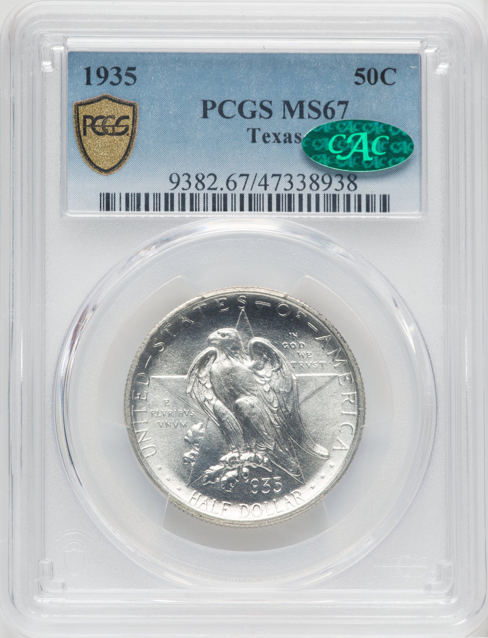 1935 50C Texas CAC Commemorative Silver PCGS MS67