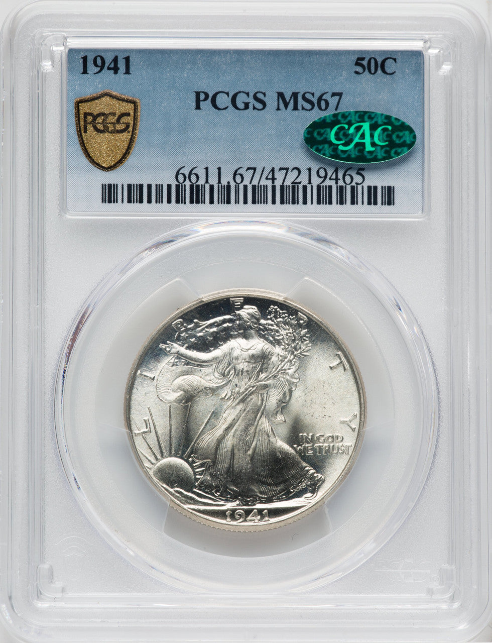 1941 50C CAC Walking Liberty Half Dollar PCGS MS67