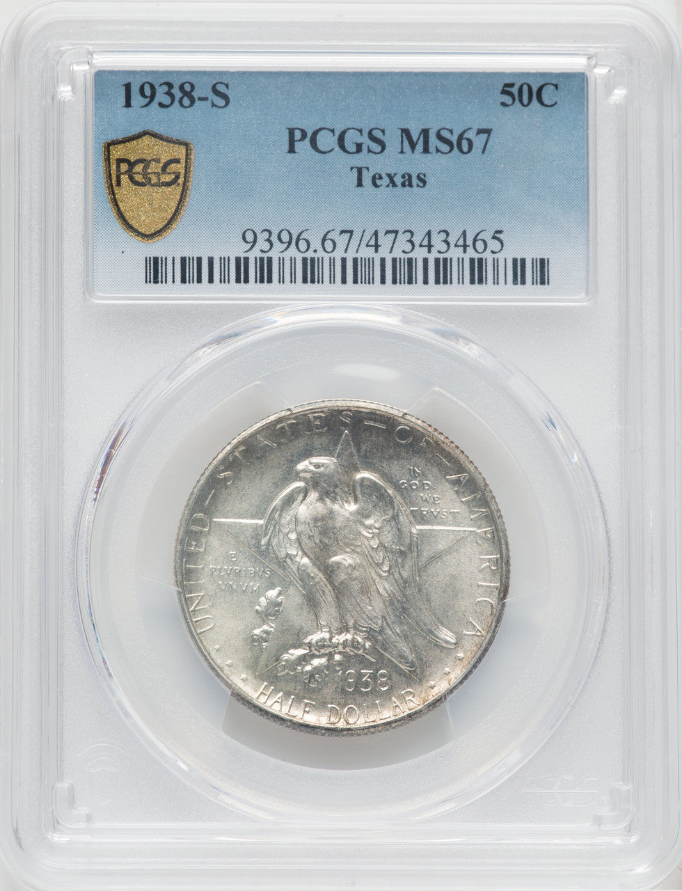 1938-S 50C Texas Commemorative Silver PCGS MS67