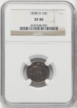 1838-O 10C NO STARS Seated Dime NGC XF40
