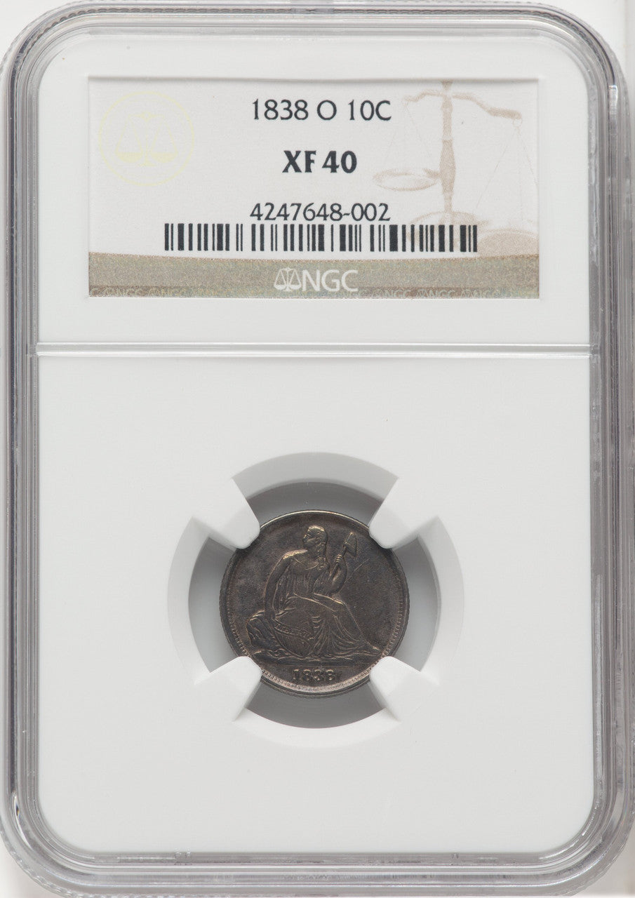 1838-O 10C NO STARS Seated Dime NGC XF40