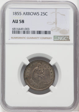 1855 25C Arrows Seated Quarter NGC AU58