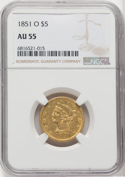 1851-O $5 Liberty Half Eagle NGC AU55