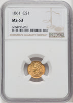 1861 G$1 Gold Dollar NGC MS63