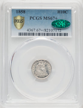 1858 H10C CAC Seated Half Dime PCGS MS67+
