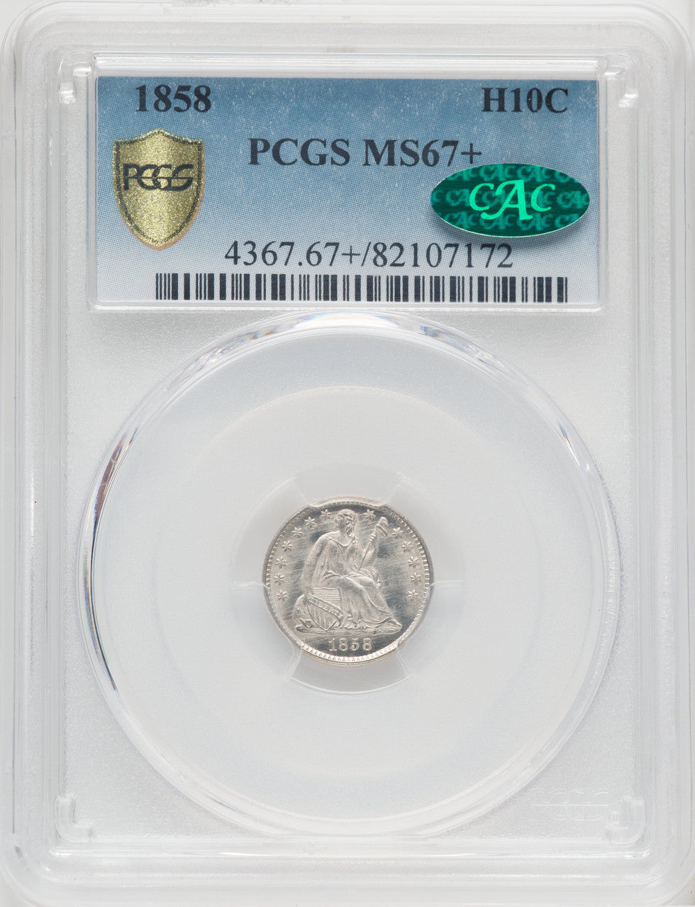 1858 H10C CAC Seated Half Dime PCGS MS67+