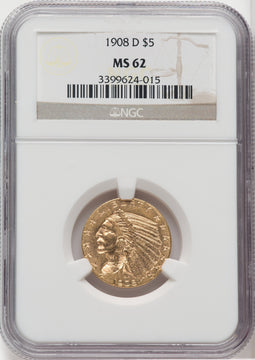1908-D $5 Indian Half Eagle NGC MS62