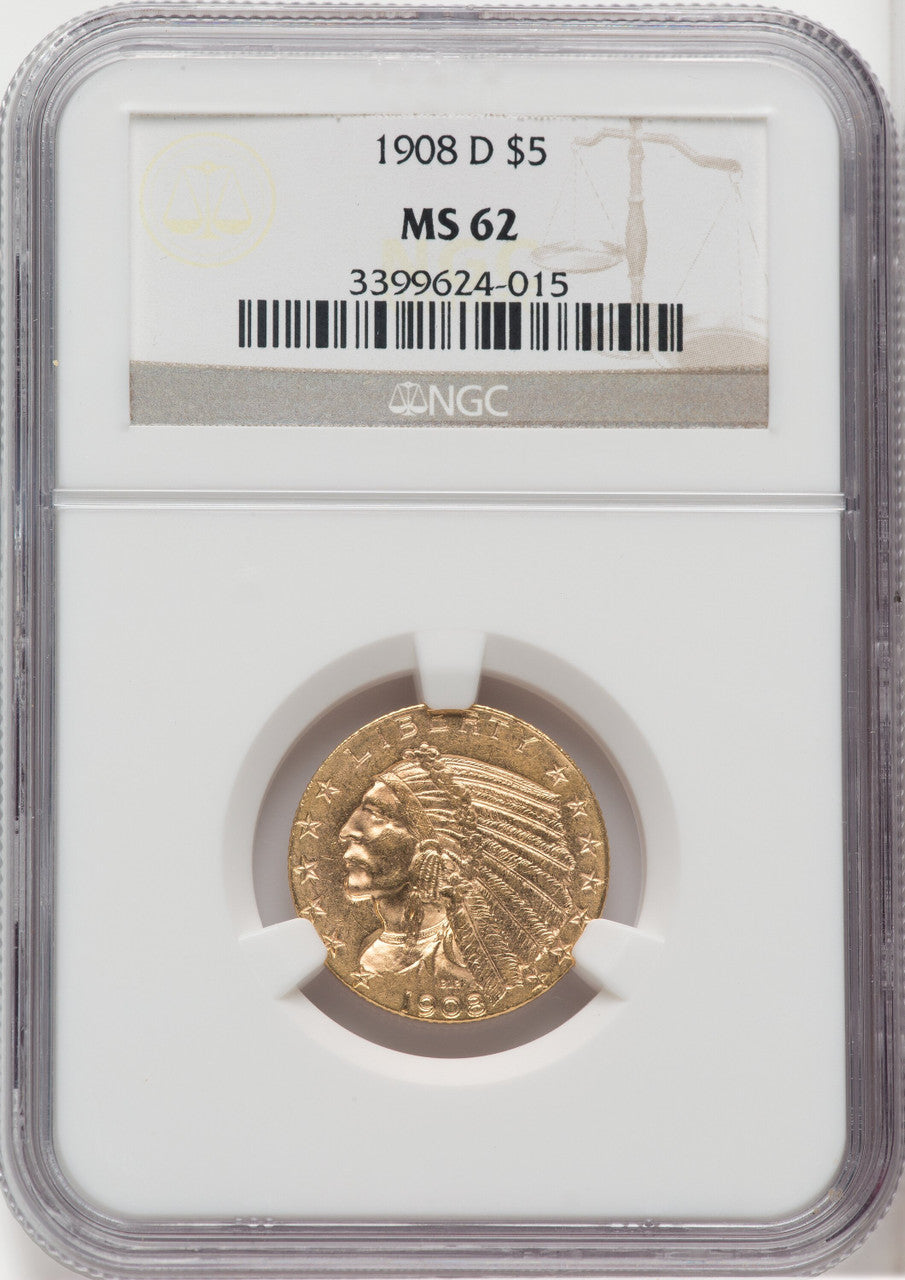 1908-D $5 Indian Half Eagle NGC MS62