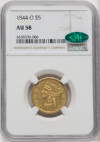 1844-O $5 CAC Liberty Half Eagle NGC AU58