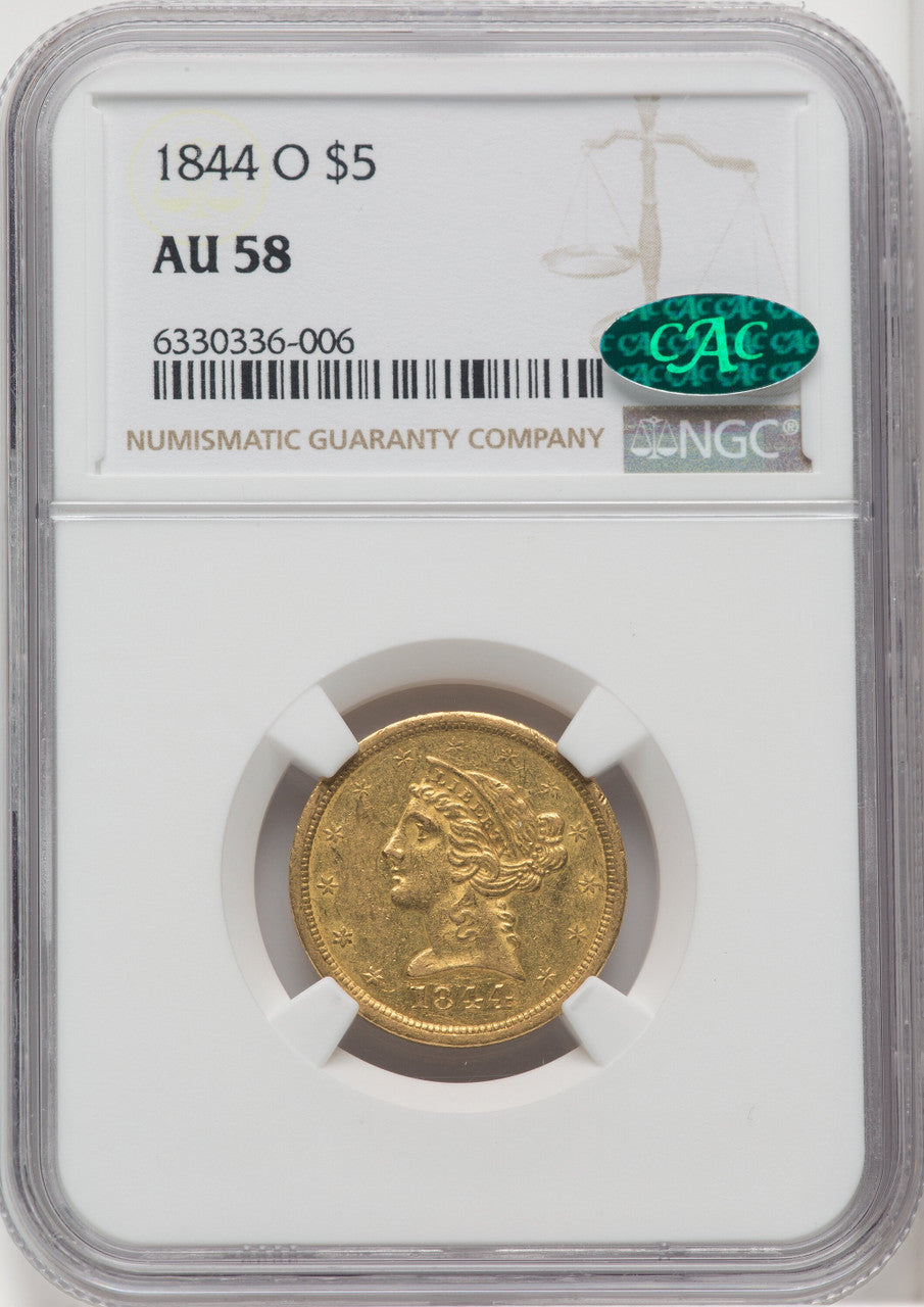 1844-O $5 CAC Liberty Half Eagle NGC AU58