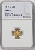 1849-O G$1 Open Wreath Gold Dollar NGC MS63