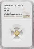 1873 Liberty Head Octagonal 25 Cents BG-728 R.3 California Fractional Gold NGC MS68