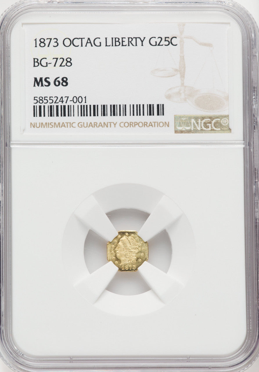 1873 Liberty Head Octagonal 25 Cents BG-728 R.3 California Fractional Gold NGC MS68