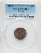 1873 1C Open 3 BN Indian Cent PCGS MS64