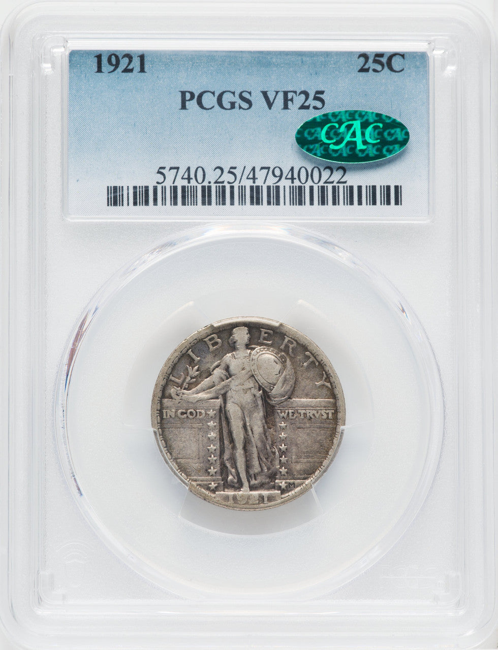 1921 25C CAC Standing Liberty Quarter PCGS VF25
