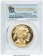 2016-W $50 One-Ounce Gold Buffalo Tenth Anniversary First Strike Buffalo Label PCGS PR70