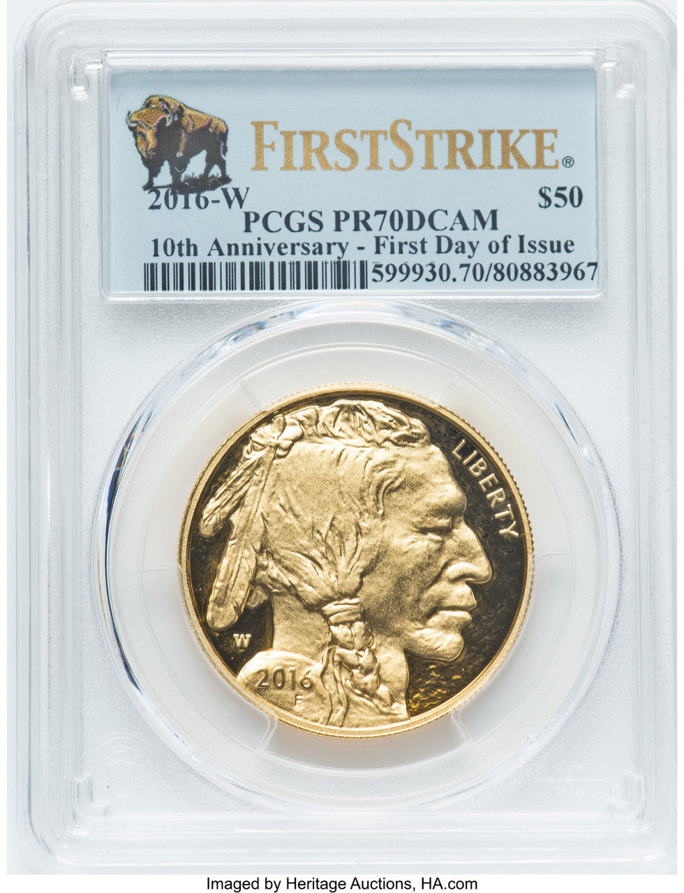 2016-W $50 One-Ounce Gold Buffalo Tenth Anniversary First Strike Buffalo Label PCGS PR70