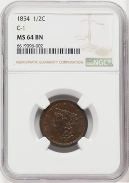 1854 1/2 C C-1 BN Half Cent NGC MS64