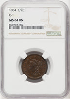1854 1/2 C C-1 BN Half Cent NGC MS64