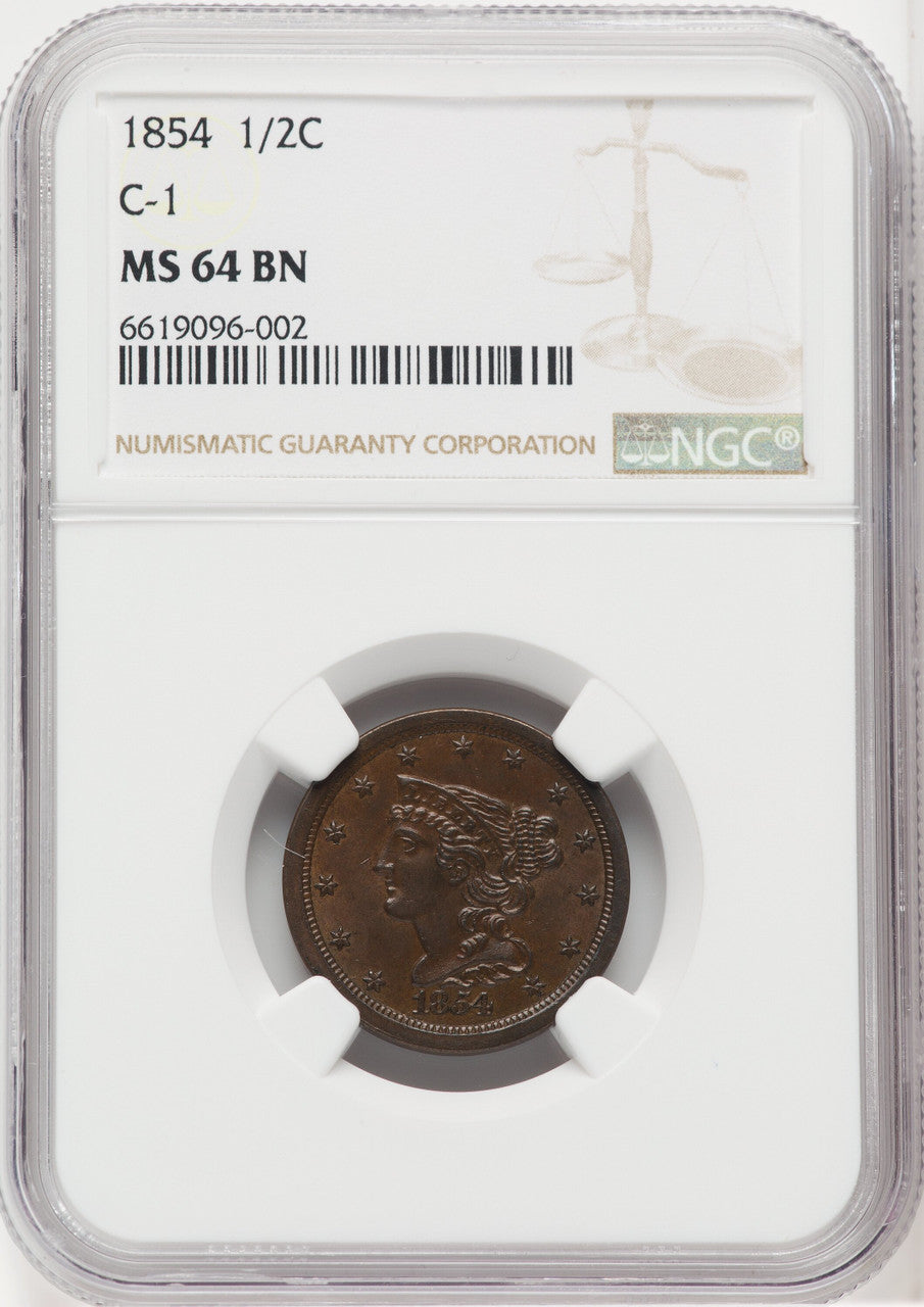 1854 1/2 C C-1 BN Half Cent NGC MS64