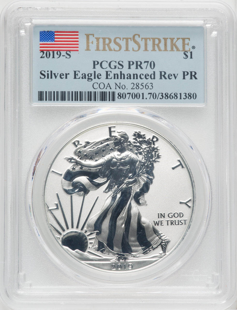 2019-S S$1 Silver Eagle Enhanced Rev First Strike PCGS PR70