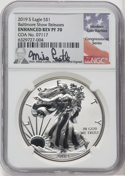 2019-S S$1 Silver Eagle Enhanced Reverse Proof Mike Castle Signature NGC PF70