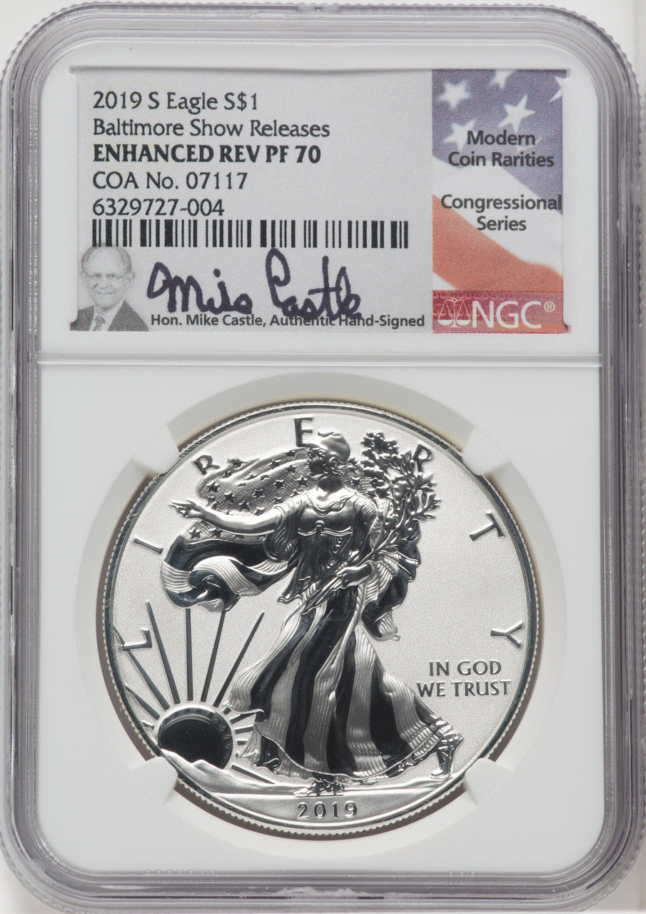 2019-S S$1 Silver Eagle Enhanced Reverse Proof Mike Castle Signature NGC PF70