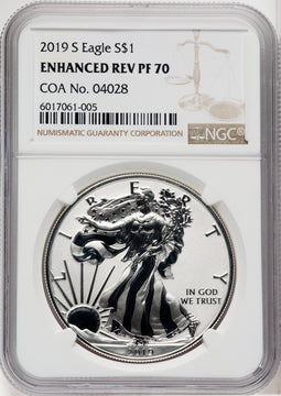 2019-S S$1 Silver Eagle Enhanced Reverse Proof Brown Label NGC PF70