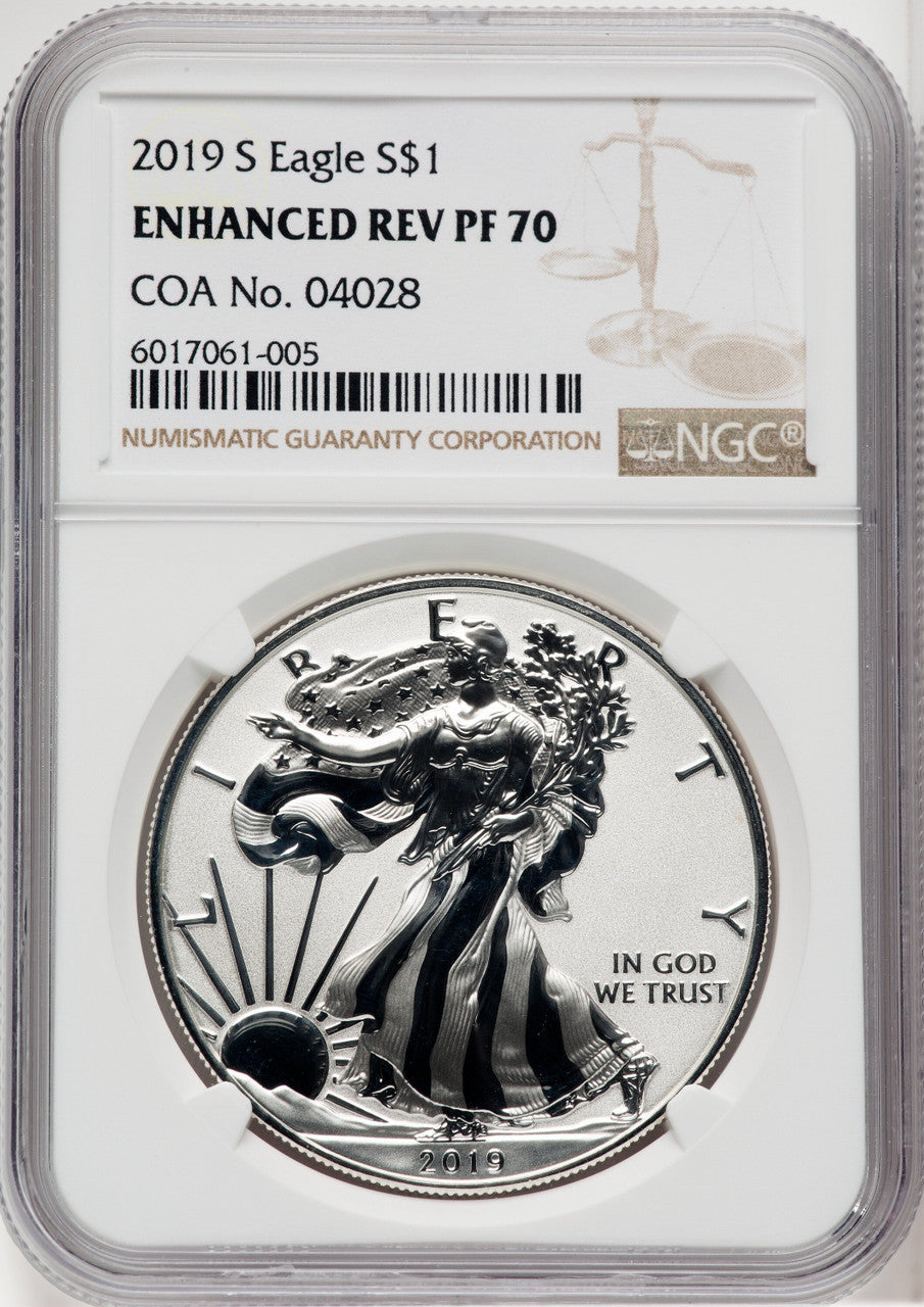 2019-S S$1 Silver Eagle Enhanced Reverse Proof Brown Label NGC PF70