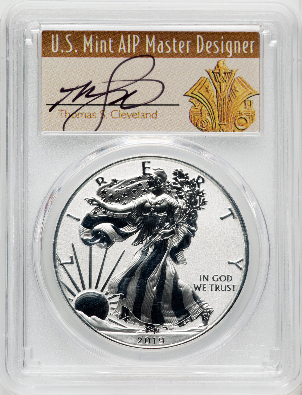 2019-S S$1 Silver Eagle First Day of Issue Thomas Cleveland Art Deco PCGS PR70