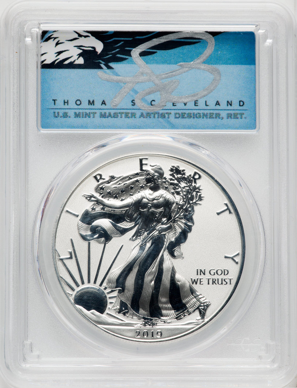 2019-S Silver Eagle Enhanced Reverse Proof FS Cleveland Blue Eagle PCGS PR70