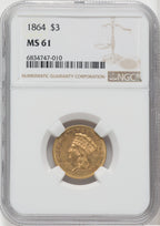 1864 $3 Three Dollar Gold Pieces NGC MS61