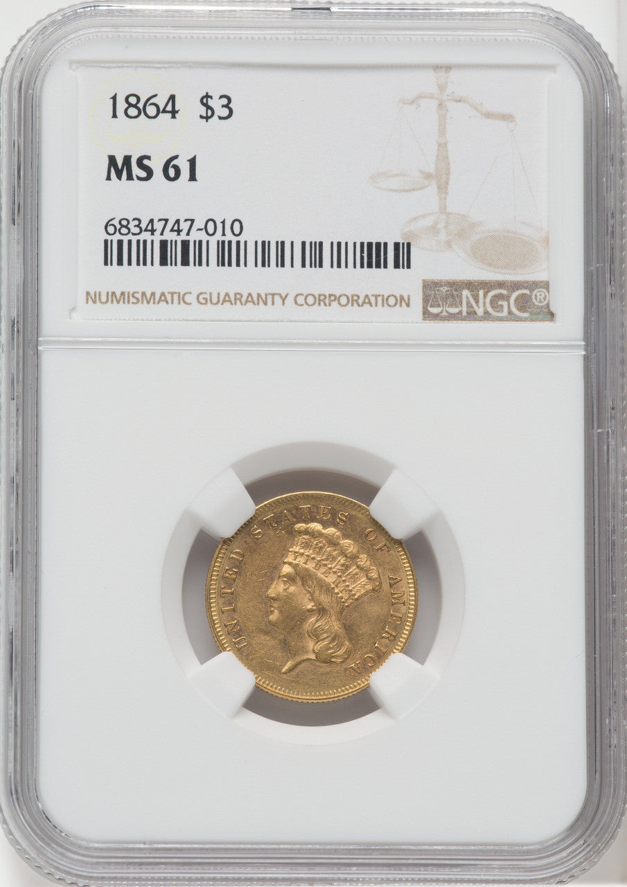 1864 $3 Three Dollar Gold Pieces NGC MS61