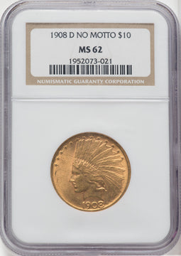 1908-D $10 NO MOTTO Indian Eagle NGC MS62