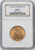 1908-D $10 NO MOTTO Indian Eagle NGC MS62