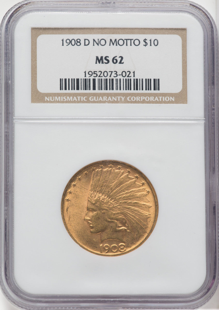 1908-D $10 NO MOTTO Indian Eagle NGC MS62
