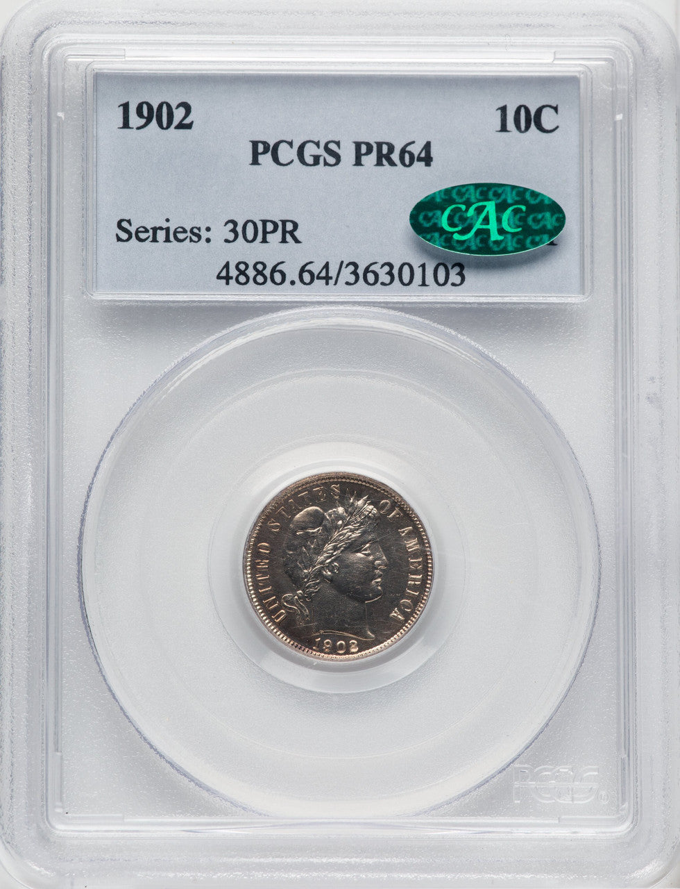 1902 10C CAC Proof Barber Dime PCGS PR64