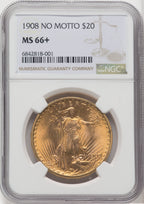 1908 $20 NO MOTTO Saint-Gaudens Double Eagle NGC MS66+ (765367007)