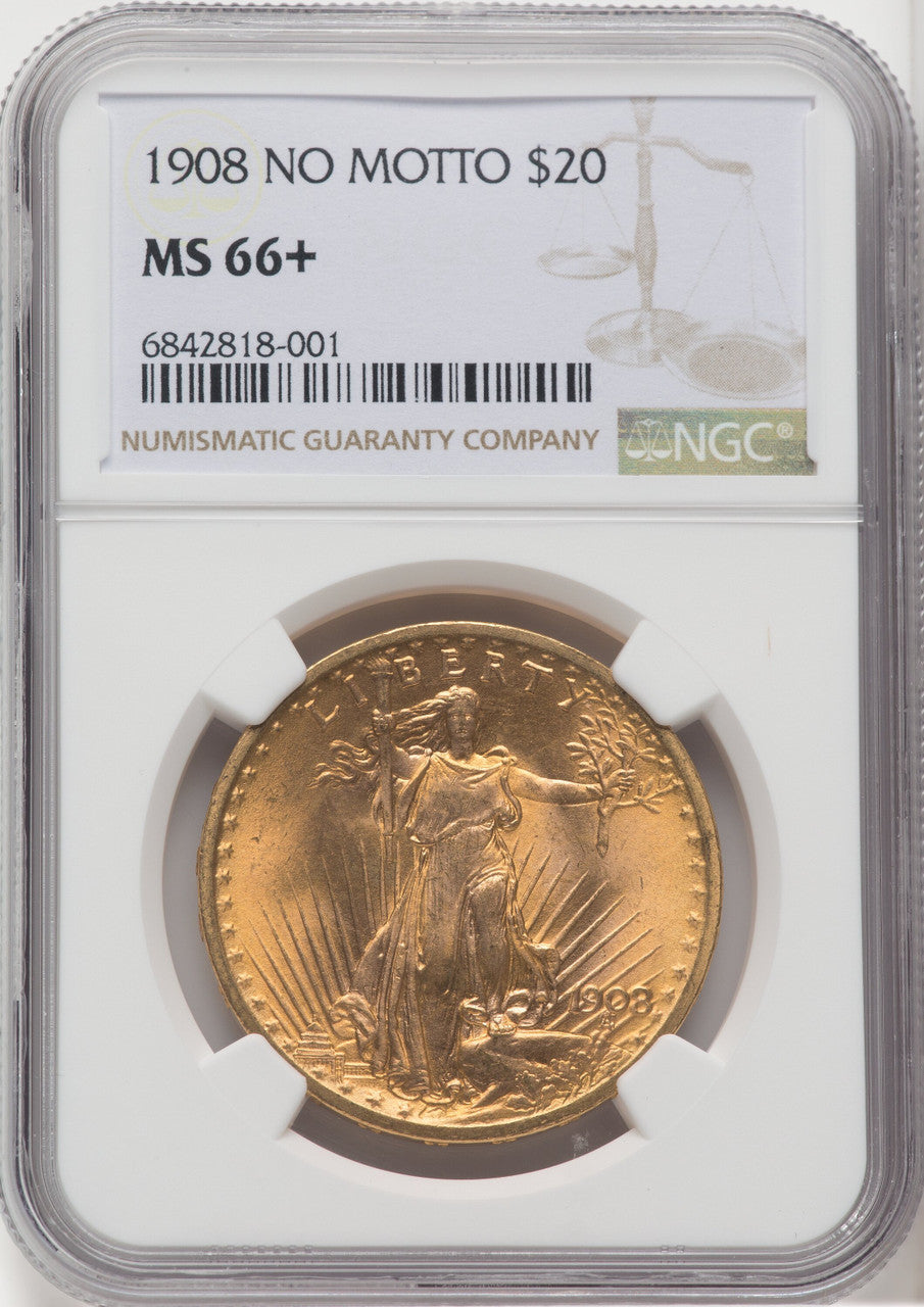 1908 $20 NO MOTTO Saint-Gaudens Double Eagle NGC MS66+ (765367007)