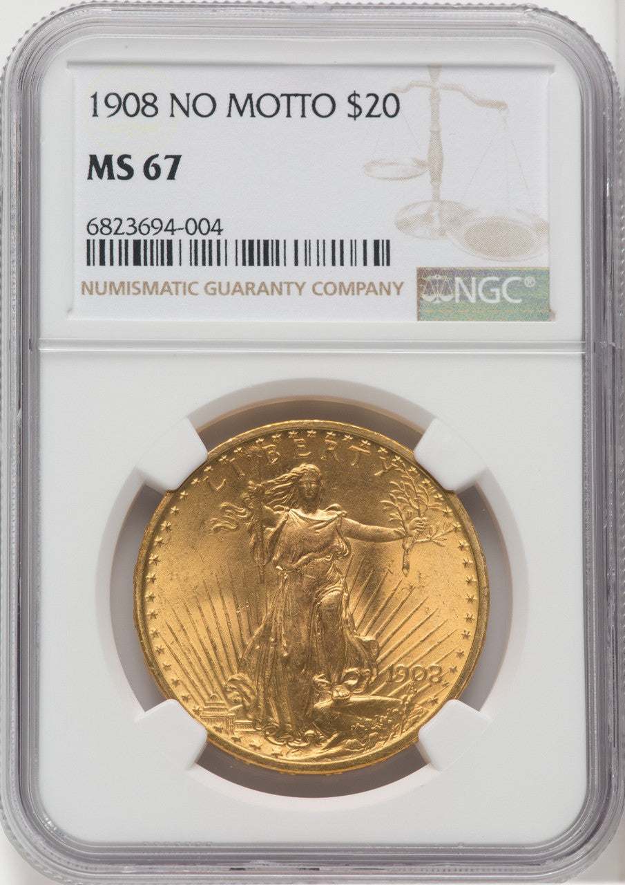 1908 $20 NO MOTTO Saint-Gaudens Double Eagle NGC MS67 (764026101)