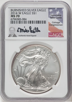 2014-W S$1 Silver Eagle Burnished Mike Castle Signature NGC MS70