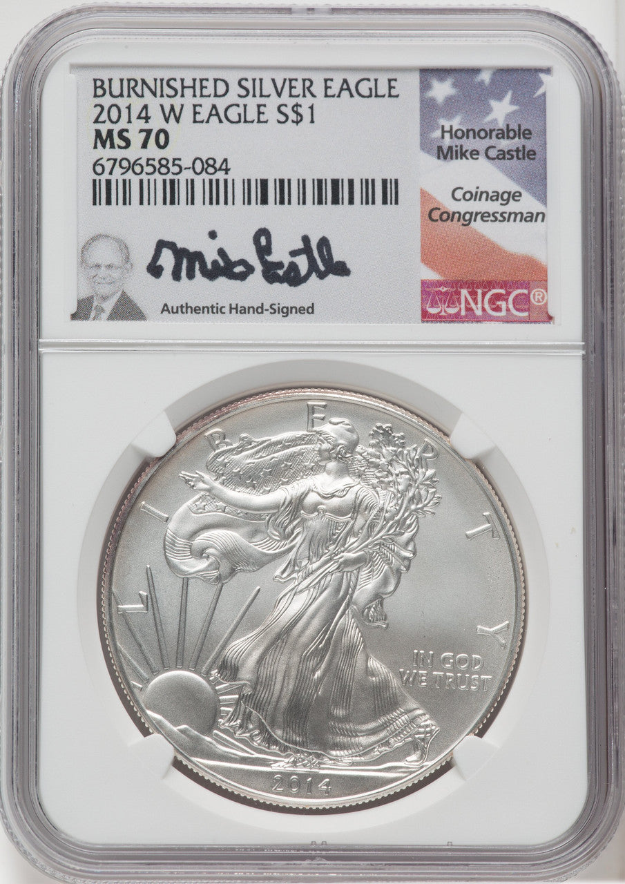 2014-W S$1 Silver Eagle Burnished Mike Castle Signature NGC MS70